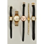 FIVE WRISTWATCHES, to include a ladies 'florelli' rose coloured dial, Arabic and baton markers, rose
