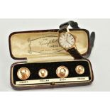 A LADIES 9CT GOLD CASED OMEGA WRISTWATCH AND DRESS STUDS, the watch with silver dial, baton markers,