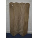A VINTAGE GOLD UPHOLSTERED FOUR FOLD FLOOR STANDING SCREEN, width of each panel 39cm x height 168cm