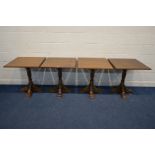 A SET OF FIVE OAK SQUARE TOPPED PUB TABLES, 68cm square x height 74cm