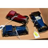 THREE TRI-ANG MINIC CARS, Rolls Royce type Sedanca, No. 42M, blue body, black wings and roof,