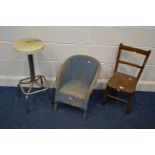 AN INDUSTRIAL CIRCULAR TOPPED STOOL on a tubular chrome base, together with a Lloyd loom wicker