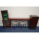 A HARDWOOD HALL STAND, width 152cm, together with two mahogany hanging corner cupboards, a hifi