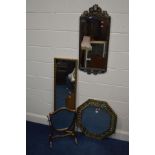 A FOLIATE BRASS FRAMED OCTAGONAL WALL MIRROR, together with two other wall mirrors and a shield