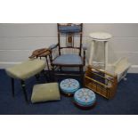 AN EDWARDIAN MAHOGANY ELBOW CHAIR, together with two similar small upholstered mahogany stools,