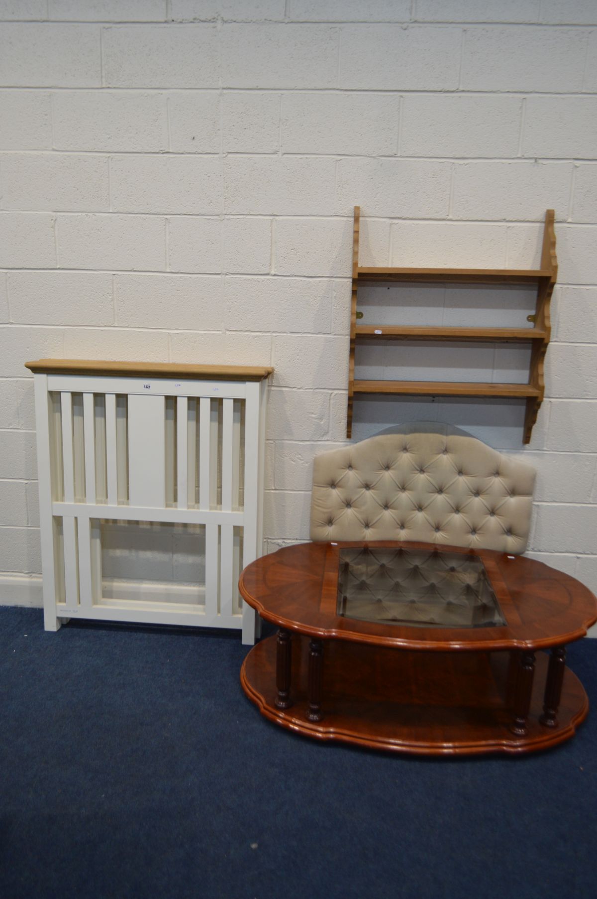 TWO MODERN OAK AND PAINTED SINGLE HEADBOARDS, another headboard, a cherrywood glass topped coffee