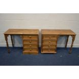 A NEAR PAIR OF OPPOSING PINE DRESSING TABLES flanked by four drawers, width 107cm x depth 48cm x