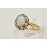 AN 18CT GOLD OPAL AND DIAMOND CLUSTER RING, designed with an oval opal cabochon, single cut