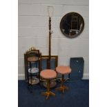 AN OAK OCTAGONAL FOLDING CAKE STAND, together with two light oak stools, standard lamp and five