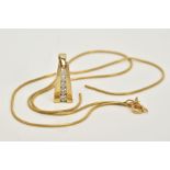 A 9CT GOLD DIAMOND PENDANT NECKLACE, the pendant designed with a row of graduated channel set