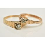 TWO 9CT GOLD SINGLE STONE DIAMOND RINGS, the first designed with a raised claw set round brilliant