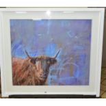 JAMES BARTHOLOMEW (BRITISH CONTEMPORARY) 'HIGHLAND PURPLE', a study of a highland cow against a