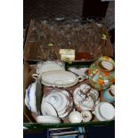 TWO BOXES OF CERAMICS AND GLASS, to include Crown Ducal 1211 orange tree pattern tea/dinner wares (