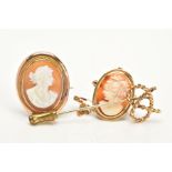 THREE BROOCHES to include two gold cameo brooches depicting maidens in profile, one hallmarked