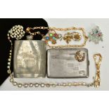A PEWTER HIP FLASK, CIGARETTE CASE AND SMALL QUANTITY OF COSTUME JEWELLERY, the pewter hip flask