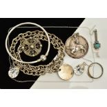 A SMALL SELECTION OF JEWELLERY, to include a curb link chain suspending a plain polished circular