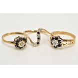 THREE 9CT GOLD SAPPHIRE AND DIAMOND RINGS, to include two clusters, each designed with a single
