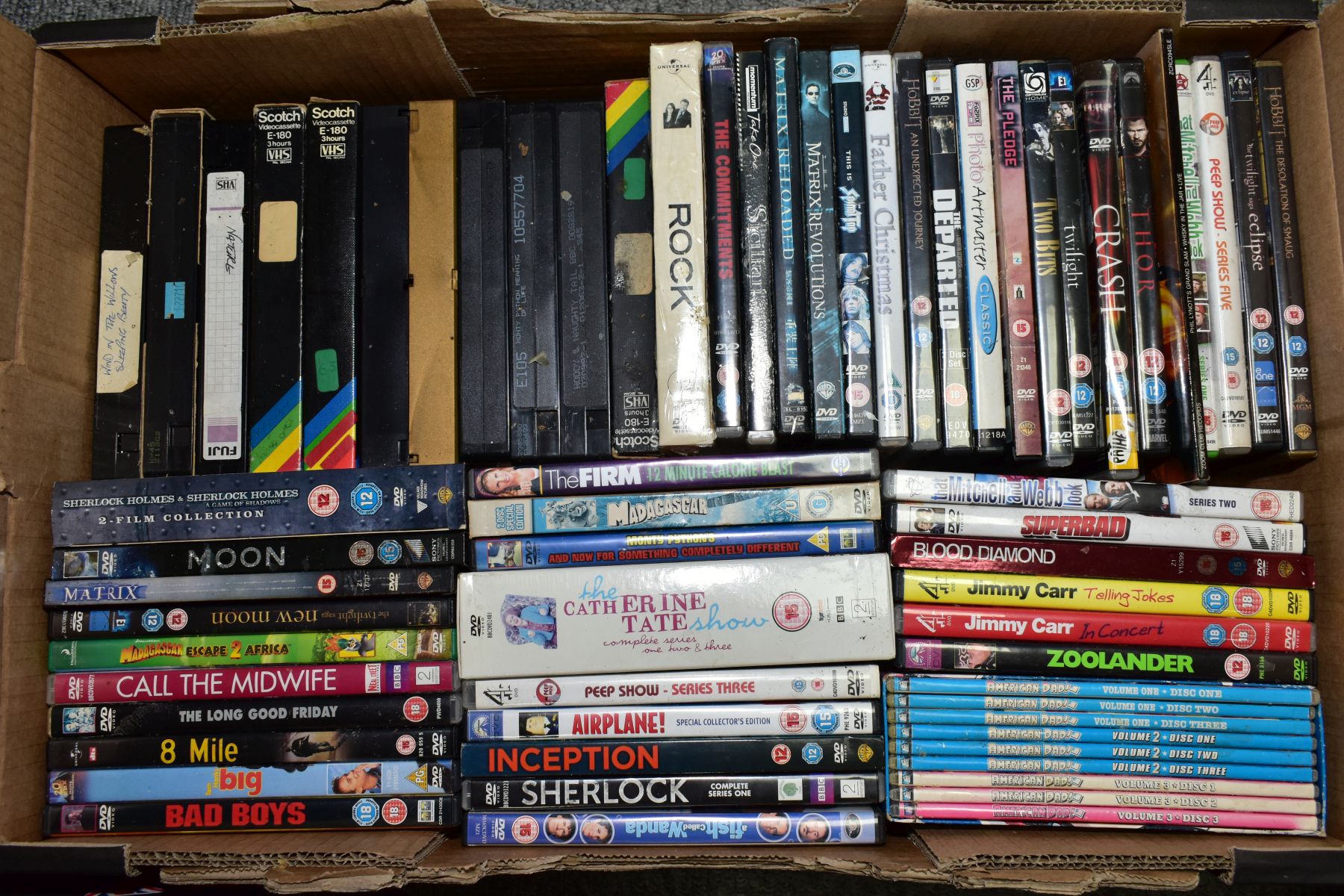 A BLUE PAINTED LLOYD LOOM STYLE TABLE AND THREE BOXES OF DVD'S AND VHS CASSETTES, the VHS are mostly - Image 2 of 5