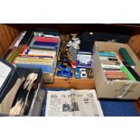 THREE BOXES AND LOOSE SUNDRY ITEMS, to include books, records, briefcases, Corgi Toys 'Rolls Royce',