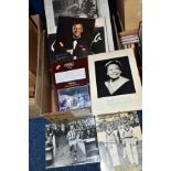 A BOX OF AUTOGRAPHED PHOTOGRAPHS, FRANK SINATRA ALBUM AND BOOK, ETC, some facsimile items includes a