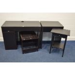 A MODERN BLACK FINISH DESK, together with another similar desk, trolley and lamp table (4)