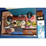 A BOX OF COLLECTABLES AND SUNDRIES, including two cased hydrometers, one stamped Loftus, the other