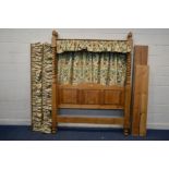 A PINE 4' BARLEY TWIST FOUR POSTER FULL TESTER BED FRAME, with side rails, slats and floral