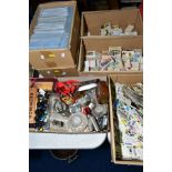 FIVE SMALL BOXES OF CIGARETTE CARDS AND SUNDRY ITEMS, to include John Player and Wills loose