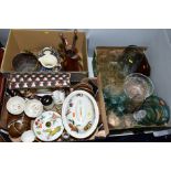 THREE BOXES OF GLASSWARE , CERAMICS AND METALWARES, including Royal Worcester Evesham twin handled
