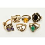 A SELECTION OF SIX RINGS, to include an onyx and marcasite cluster ring, Sheffield import mark, ring