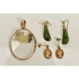 A GOLD LOCKET AND TWO PAIRS OF EARRINGS, the 9ct gold framed glass panel locket, scroll bail,