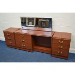 A MODERN MAHOGANY FINISH DRESSING TABLE with mirror and a pair of matching three drawer bedside