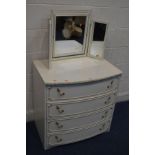 A CREAM AND GILT BOW FRONT CHEST OF FOUR DRAWERS, with a triple dressing mirror (2)