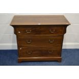 AN EDWARDIAN MAHOGANY AND CROSS BANDED CHEST OF THREE DRAWERS, with an overhanging top and cleat