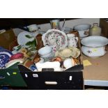TWO BOXES AND LOOSE OF CERAMICS including two wash jugs and bowls, both with tooth brush holder, one