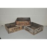 THREE VINTAGE WOODEN HANDLED TRAYS, width 40cm x depth 36cm x height 14cm and stamped Nuneaton
