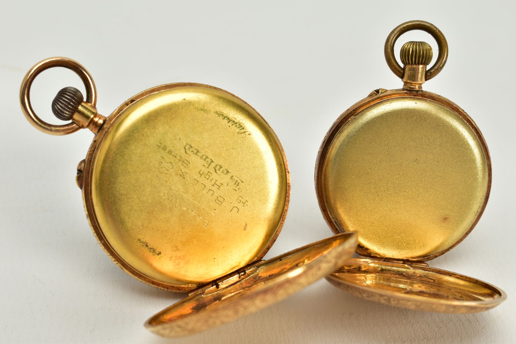 TWO OPEN FACED POCKET WATCHES, the first with a gold coloured floral detailed dial, roman - Image 3 of 8