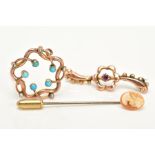 THREE BROOCHES to include an early twentieth century rose gold turquoise and seed pearl wreath style