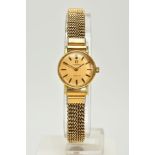 A LADIES GOLD PLATED OMEGA WRISTWATCH, champagne dial, baton markers, dial signed Omega Geneva,