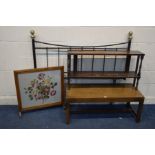 A HARDWOOD CAMPAIGN COFFEE TABLE, together with an oak needlework firescreen, oak two tier stand and