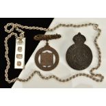 A SILVER INGOT PENDANT NECKLACE AND TWO MEDALS, the silver ingot hallmarked Sheffield, suspended