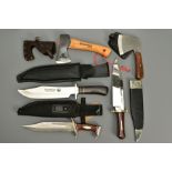 A NUMBER OF BOWIE KNIVES AND HAND AXES ALL WITH SHEATHS consisting of a Bowie Knife by G Wosten