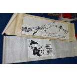 TWO MID 20TH CENTURY CHINESE PAPER AND SILK SCROLLS, both mounted with hand painted monochrome