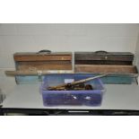 TWO VINTAGE WOODEN CARPENTERS TOOL BOXES and a tray containing tools including hand drills, bit