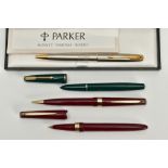 A SELECTION OF PENS, to include a cased parker sonnet stainless steel gold trim ballpoint pen, a