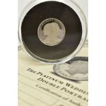 A PLATINUM QUEEN ELIZABETH AND PRINCE PHILIP, 70TH WEDDING ANNIVERSARY DOUBLE PORTRAIT COIN,