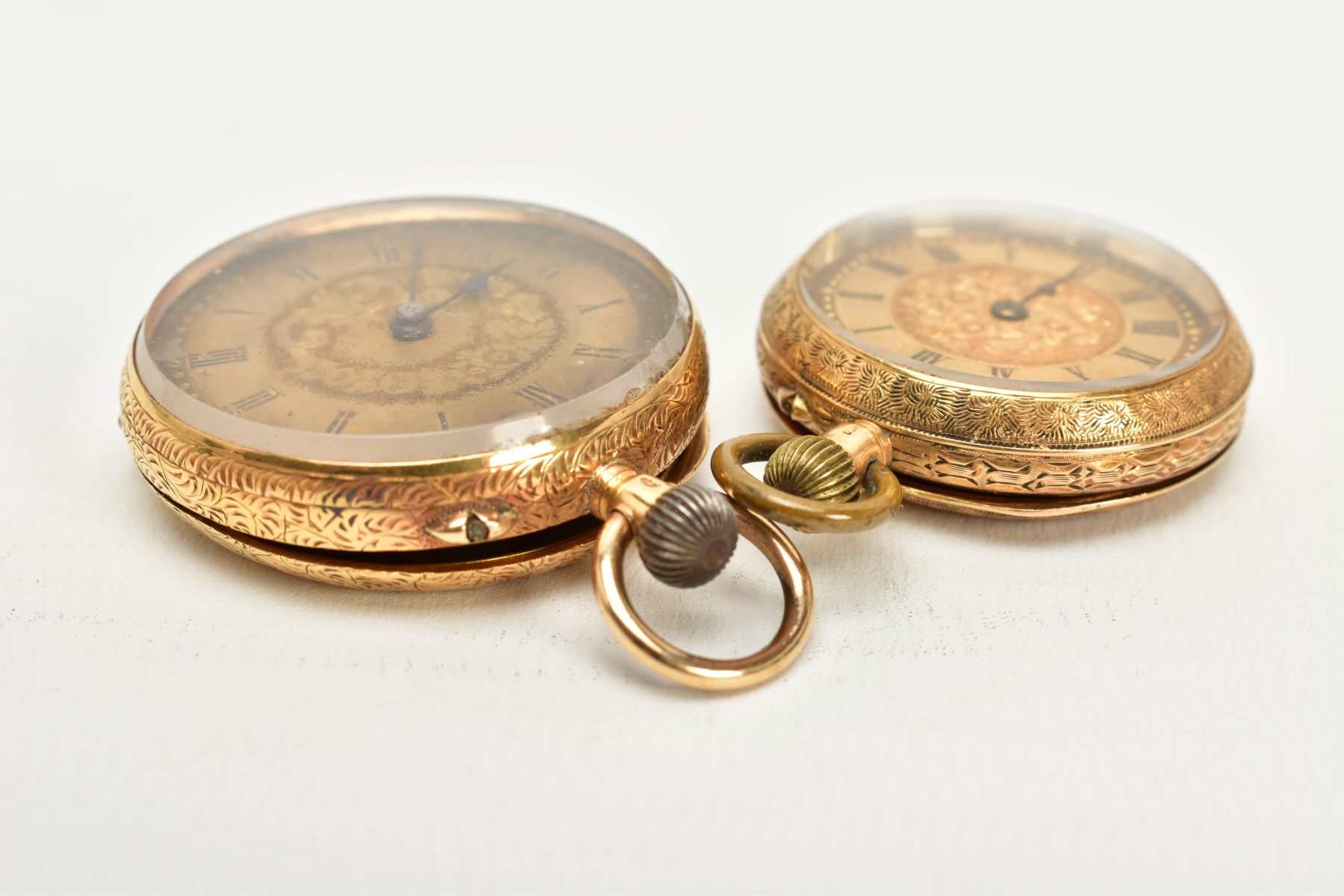 TWO OPEN FACED POCKET WATCHES, the first with a gold coloured floral detailed dial, roman - Image 7 of 8