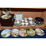 A WEDGWOOD BLACK JASPERWARE FOOTED BOWL, diameter 20cm, together with a Delphine china teaset (21) a