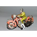 AN ARNOLD TINPLATE CLOCKWORK MOTORBIKE, playworn condition but appears largely complete, some