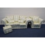 A RALVEN UPHOLSTERY STRIPPED CREAM THREE PIECE LOUNGE SUITE, comprising a three seater settee, width